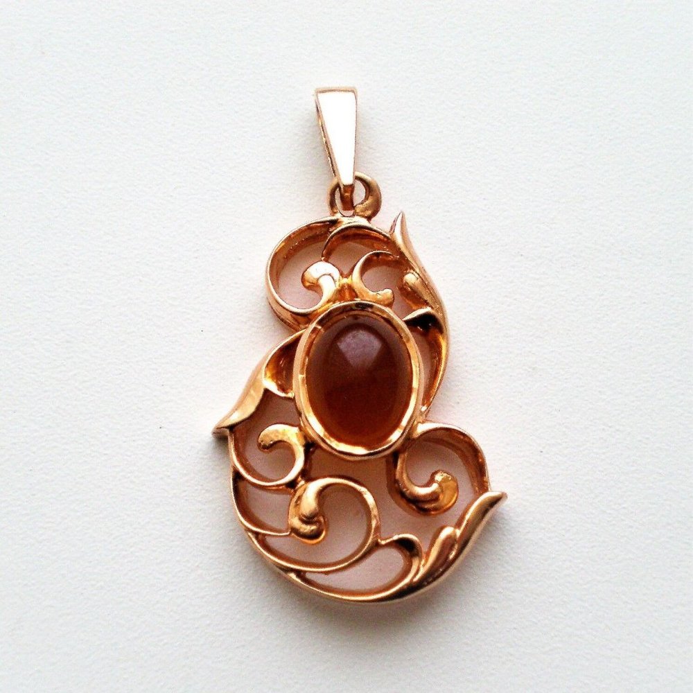 Vintage Russian Soviet USSR 14K 583 Rose Pink Gold Red Chalcedony Pendant